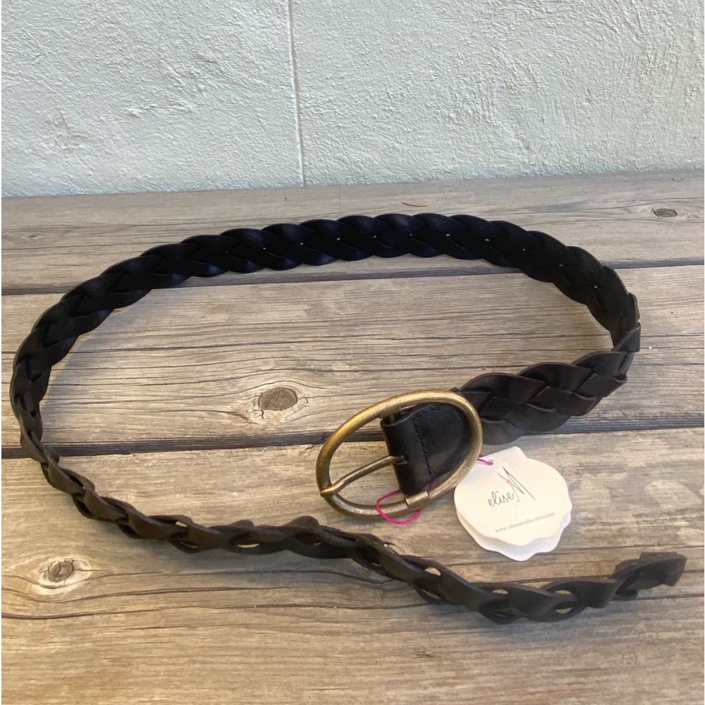 Gorgeous Braided Leather Belt Black Oversize Buckle in Brass Gold Size M…